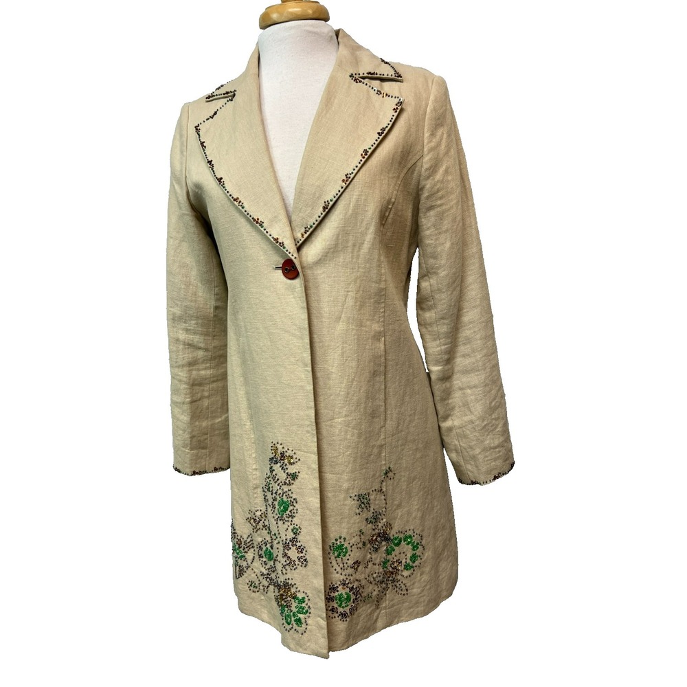 Pursuits,‎ LTD Long Blazer Tan Beaded Linen Notch Lapels One Button Lined SZ S